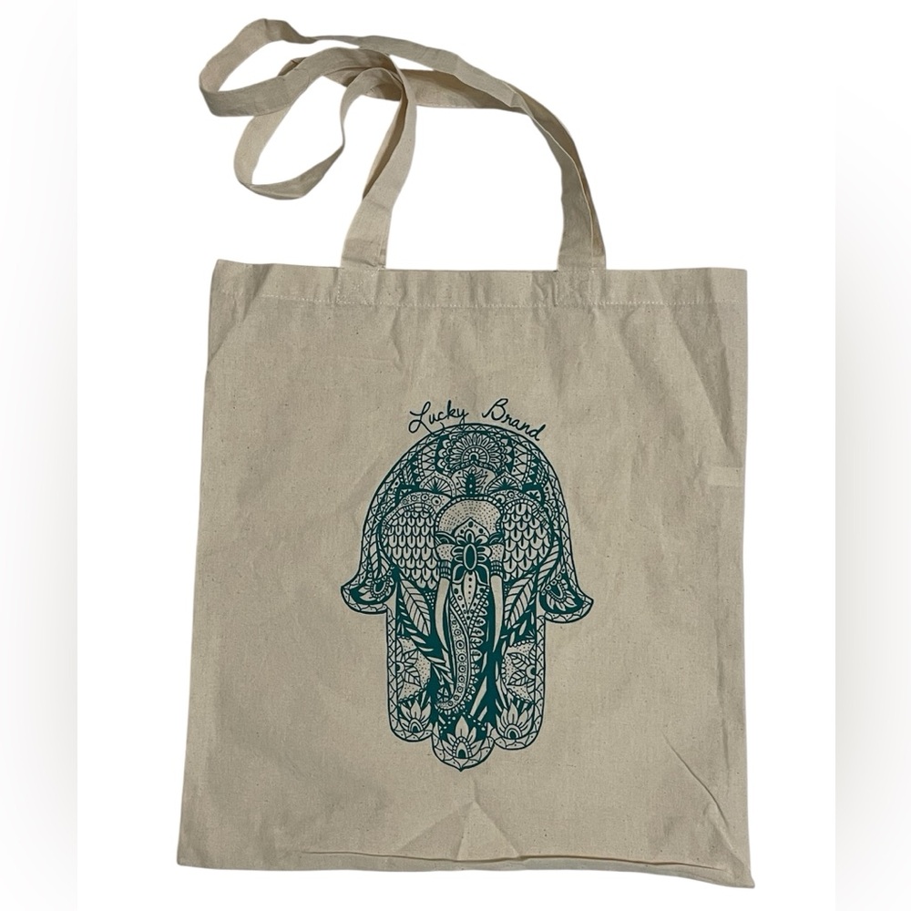 New LUCKY BRAND Green Hamsa Hand Elephant Cream Canvas Tote Bag